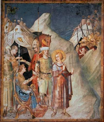 Výjevy ze života svatého Martina: „Svatý Martin z Tours se vzdává zbraní“. Freska od Simone Martiniho (1285-1344). 1312-1317 - Rozměry 265 x 230 cm. Dolní bazilika svatého Františka z Assisi; kaple svatého Martina, Assisi