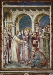 Freska ze života svatého Martina. Svatý Martin je rytíř, detail. Předvečer Saint Martin de Tours a hudebníci. Obraz Simone Martini (1280-1344). Freska