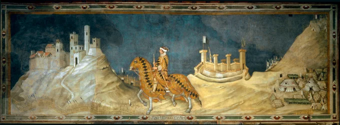 Guidoriccio da Fogliano. reprezentace Guida Riccia da Fogliana (zemřel 1352), velitele (condottiero) sienské armády, během dobytí hradu Montemassi v Maremmě (Maremma) v roce 1328. Obraz Simone Martini (1280-1344)
