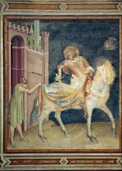 Svatý Martin se dělí o svůj plášť s žebrákem. Freska, 1315. Dolní bazilika svatého Františka z Assisi, kaple svatého Martina. Posaďte se.
