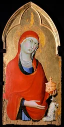 Magdalena, detail oltářního obrazu svatého Dominika, Simone Martini (1283-1344), tempera a zlato na dřevěné desce