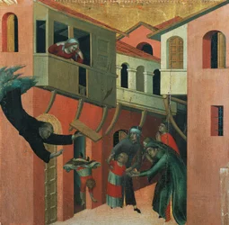 Zázrak dítěte, které spadlo z balkónu, detail z oltářního obrazu s názvem Blahoslavený Agostino Novello a příběhy jeho života, cca 1330, Simone Martini (1283-1344), olej na plátně, 200x256 cm