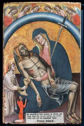 Oplakávání nad mrtvým Kristem s klientem, Iohannesem de Elthinl, Simone dei Crocifissi, c. 1368. Panna je znázorněna jako Panna Maria Bolestná s mečem v srdci.