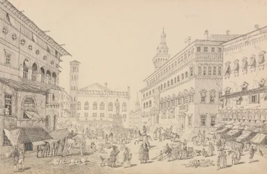 Album 30 pohledů v Tyrolsku a Itálii: Náměstí v Bologni, katedrála a palác papežského legáta 12. listopadu 1840