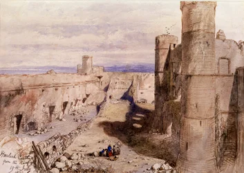 Hrad Harlech z hradeb, Wales, 1850