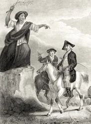 Meg Merrilies předpovídající pád rodu Ellangownů, ilustrace z knihy "Guy Mannering" od Sira Waltera Scotta (1771-1832) vydané v roce 1820