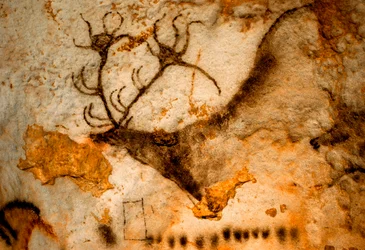 Prehistorická malba jelena s devítihrotými parohy v jeskyni Lascaux ve Francii.
