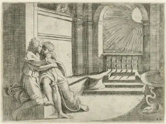 Abimelech ziet Isaak Rebekka liefkozen Bijbelse scènes (název série) Historia del Testamento Vecchio / Maloval v Římě ve Vatikánu Raffaelle di Urbin (...) (název série)