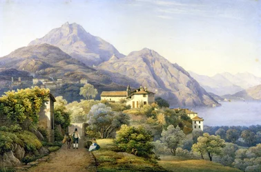 Como. Menaggio. Loveno a Mount Groma. 1840. Obraz S. Corrodi. Menaggio, Como. .