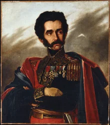 Portrét Osvoboditele Simóna Bolívara, polopostava, v plné slavnostní uniformě, kolem roku 1840