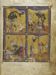 Přidat. 27210 f.2v Adam a Eva, ze „Zlaté Hagady“ (inkoust, barva a zlato na pergamenu)