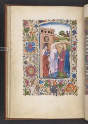 Přidejte MS 50004 f.16v The Visitation, z „Knihy hodin“ (inkoust, barva a zlato na pergamenu)