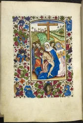 Přidat MS 50004 f.70v Panna Maria držící tělo Kristovo, se dvěma učedníky a ženami vedle ní, z „Knihy hodin“ (inkoust, barva a zlato na pergamenu)
