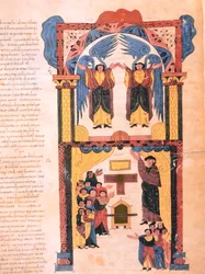 Andělé a David s archou úmluvy stojící před Šalamounovým chrámem, fol. 139r., z Vizigótsko-mozarabské Bible svatého Isidora, n. l. 960 (tempera na pergamenu)