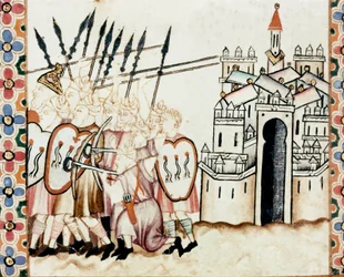 Vojsko Maurů bránící město. Detail stránky z rukopisu Písní Panny Marie (Cantigas de Santa Maria), zdobeného miniaturami věnovanými Panně Marii a jejím zázrakům, sbírky písní sepsané za vlády Alfonse X. Moudrého