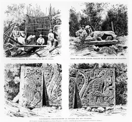 Artefakty objevené v Chichén Itzá Augustem Le Plongeonem, ilustrace z La Ilustracion Espanola y Americana 1877