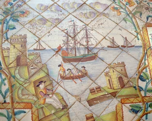 Azulejos dlaždice zobrazující přístav s loděmi (keramické)