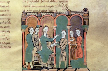 Požehnání hraběte Bernata I de Besalu, miniatura z „Liber Feudorum Maior“ (vellum)