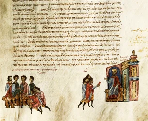 Byzantský císař Basil I. zvaný Makedonský (812-886) přijímající srbské velvyslance (miniatura)