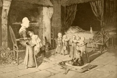 Dětský domov ve vesnici, podle Haagova obrazu z "Album Artistico", vydaného kolem roku 1890