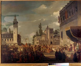 Kryštof Kolumbus představuje domorodé obyvatele u Ferdinanda II. a Isabely 1. Kastilské v Barceloně: představení obyvatel Ameriky katolickým králům průzkumníkem Kryštofem Kolumbem (1451-1506). Obraz od Garcíi Ibaneze
