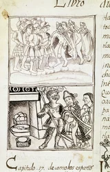 Kodex o dobytí Mexika - miniatura z florentského rukopisu "Storia degli Aztechi" (Dějiny Aztéků) od Bernardina de Sahagun