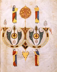 Kolofon Vizigótsko-mozarabské bible svatého Isidora s portréty dvou miniaturistů, Florencia a Sancha, fol. 514r., n. l. 960 (tempera na pergamenu)