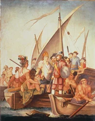 Dobytí Mexika: Garcia de Holguin zajal Guatimozin (olej na palubě)