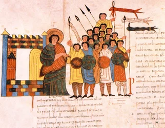 Odchod vojska krále Davida do války, z vizigótsko-mozarabské bible sv. Isidora, fol. 131v., 960 n. l.