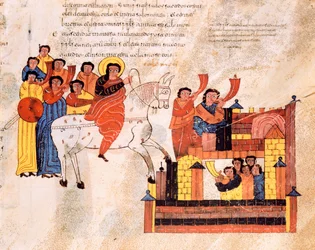 Vjezd krále Davida do Jeruzaléma za zvuku trub, z vizigótsko-mozarabské Bible svatého Isidora, fol. 135r., 960 n. l.