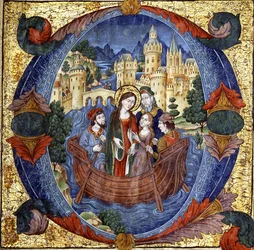 Světice na lodi s dvorním párem a dvěma lodníky, uvnitř velké historické iniciály „O“, počátek 20. století