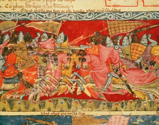 Fol.110r Bitva mezi Řeky a Trojany, z Codexu Benito Santa Mora