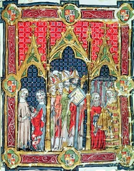 Fol. 13r: Korunovace králů Aragonie a Kastilie: Alfons VII. (1105-57) nabízí zlatý chléb v přítomnosti toledského arcibiskupa, z Libro de los Testamentos