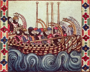 Fol.53r Odjezd člunu na křížové výpravy, psáno v galakštině pro Alfonse X (1221-84)