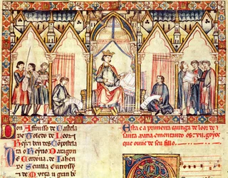Fol.5r Dvůr Alfonse X. (1221-84) moudrého, krále Kastilie a Leónu, miniatura z Cantigas de Santa Maria