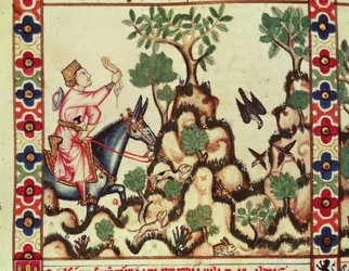 Fol.64r Lov na sokola, z rukopisu pořízeného pod vedením Alfonse X. Moudrého, krále Kastilie a Leónu.