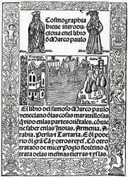 Frontispis k první kastilské verzi Cesty Marca Pola, přeložil Rodrigo de Santaella, publikoval 1503