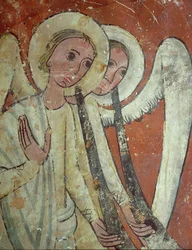Pohřební pomník, andělé s trubkami soudu, detail (freska)