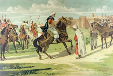 Generál Muza Ibn Nusajr bičuje svého zástupce Tárika za neuposlechnutí rozkazů během dobývání Andalusie a Extremadury (barevná litografie)