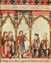 Skupina trubadúrů, ilustrace z Cantigas de Santa Maria, vyrobené pod vedením Alfonse X (Moudrý) krále Kastilie a Leónu (1221-84) (viz také 56625)