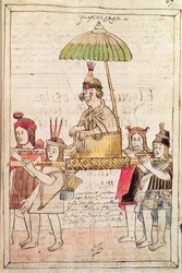 Ilustrace Inky Huascara z knihy "Historia y Genealogia Real de los Reyes Incas del Peru, de sus hechos, costumbres, trajes y manera de Gobierno", známé jako Codice Murua (pergamen).