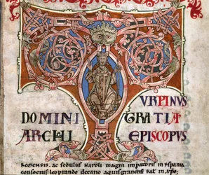 Iniciála T s vyobrazením Karla Velikého, ilustrace z Codexu Calixtinus, kolem 1140