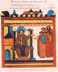 Král David sedící na trůně a obklopený svým dvorem, z vizigótsko-mozarabské Bible svatého Isidora, fol. 126r., 960 n. l.