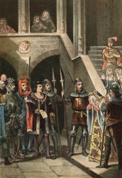 Leonor de Guzman oblíbenec krále Alfonsa XI. zastavil a popravil Don Alfonso Fernandez de Olmedo na příkaz královny Marie Portugalské ve 14. století. v „Cult of Beauty““ od Juana Justa Hugueta, editor Molinas Hermanos