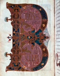 Lettrine B (Beatus). Miniatura převzatá z „“ Knihy hodin od Ferdinanda I. (Fernando I de Leon y Castilla