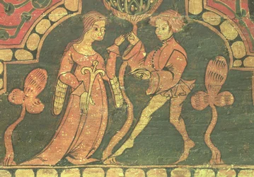 Love Scene, detail obložení z hradu Penafiel, Valladolid, dílna Claustro de Silos (olej na panelu)
