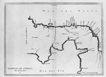 Mapa Střední Ameriky (Panama) ze španělského svazku cest z počátku 17. století. Mapa je orientována na starověký režim (od severovýchodu k východu) a Atlantský oceán se nazývá Severní moře a Tichomoří jižní moře.