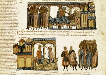 Miniatura z „Synopsis historiarum“ nebo „Byzantské kroniky“ (Dějiny byzantských králů a události z let 811 až 1057) od Jana (Johannes nebo John) Scylitza (nebo Skylitzes nebo Scylitzae) (11.-12. století)