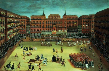 Panorama z fiesty na náměstí Plaza Mayor v Madridu
