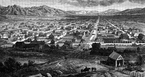 Panoramatický pohled na Salt Lake City, Utah, z „La Vuelta al Mundo“, zveřejněné v Madridu